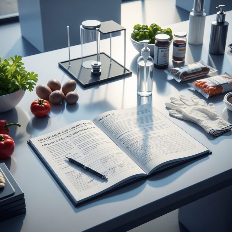Manuale di autocontrollo igienico sanitario con alimenti e guanti su una scrivania