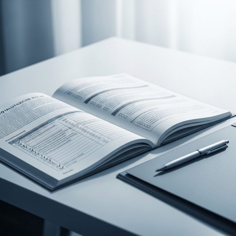 Manuale tecnico aperto su una scrivania con elenchi di rischi e procedure