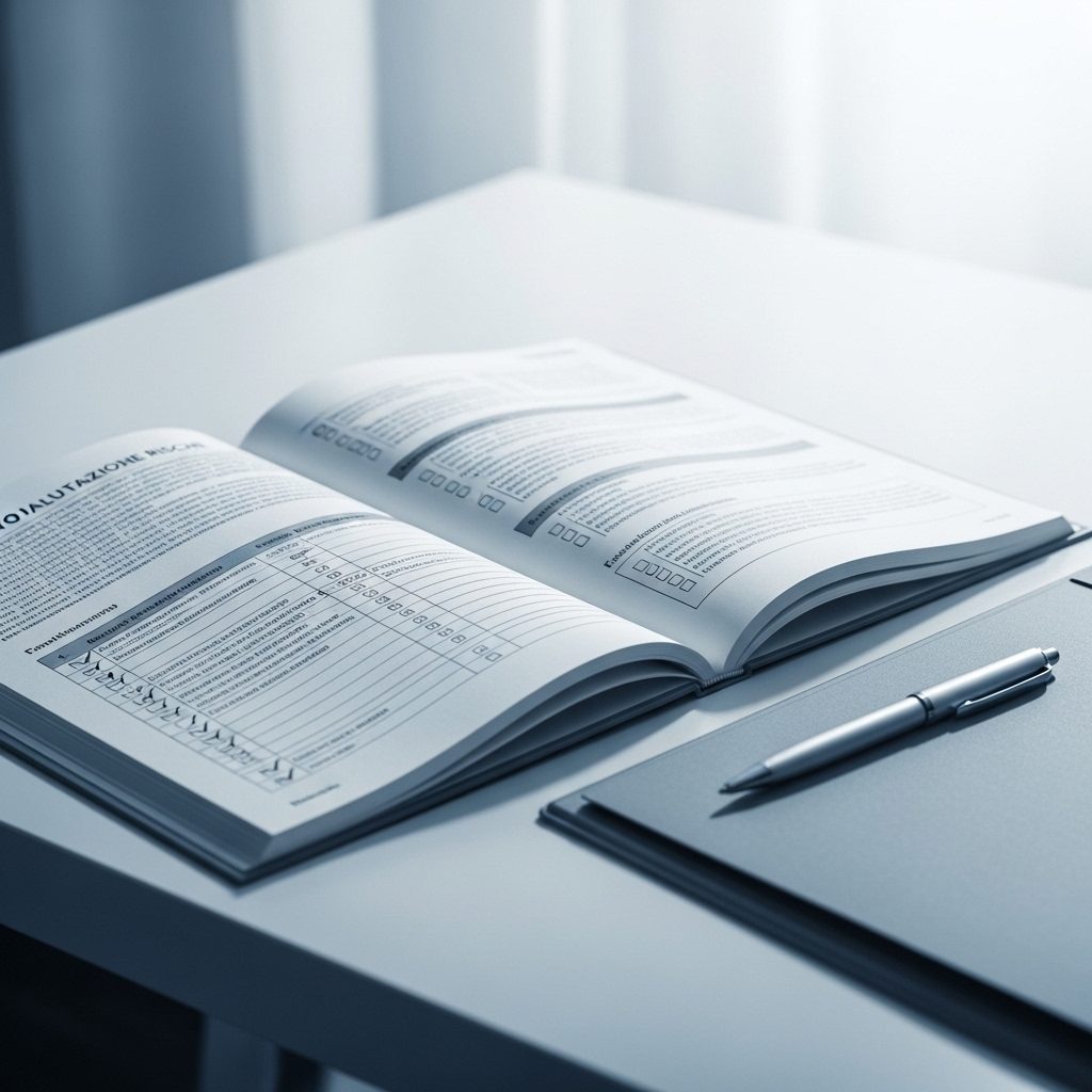 Manuale tecnico aperto su una scrivania con elenchi di rischi e procedure