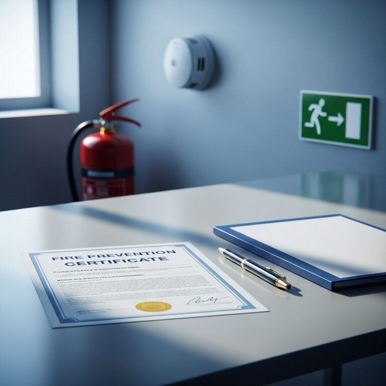 Certificato di prevenzione incendi su una scrivania con estintore e uscita di sicurezza