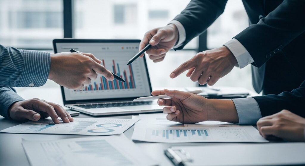 Professionisti che analizzano dati e documenti su un portatile