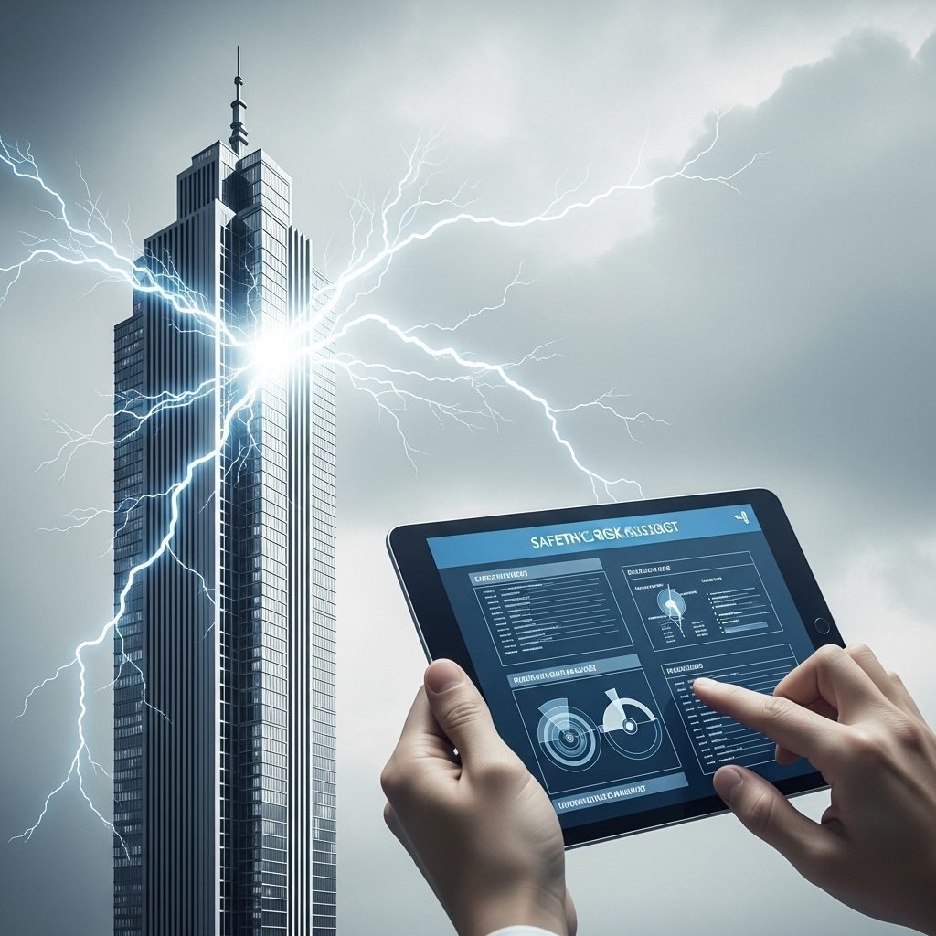 Fulmine su un edificio alto con tecnico che consulta un tablet per il rischio di fulminazione