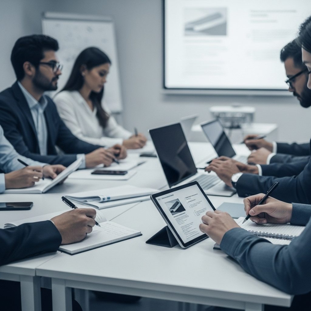Riunione di formazione sulla sicurezza con tablet e documenti