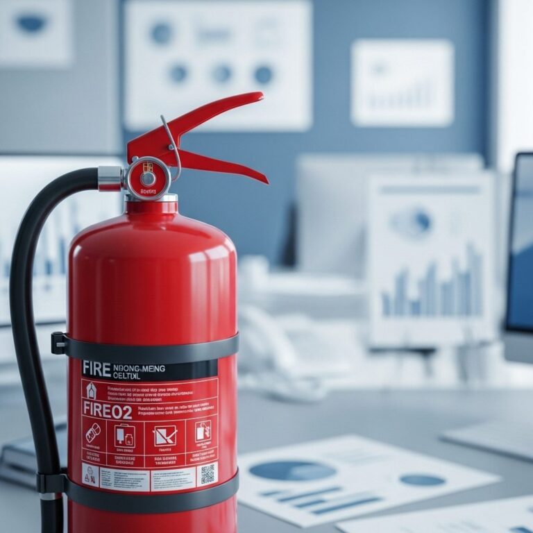 Estintore rosso su una scrivania con grafici di gestione della sicurezza antincendio