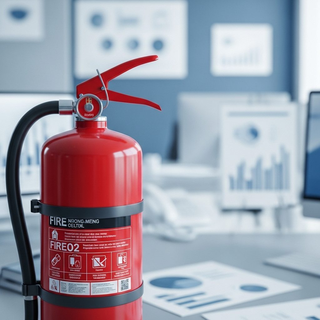 Estintore rosso su una scrivania con grafici di gestione della sicurezza antincendio