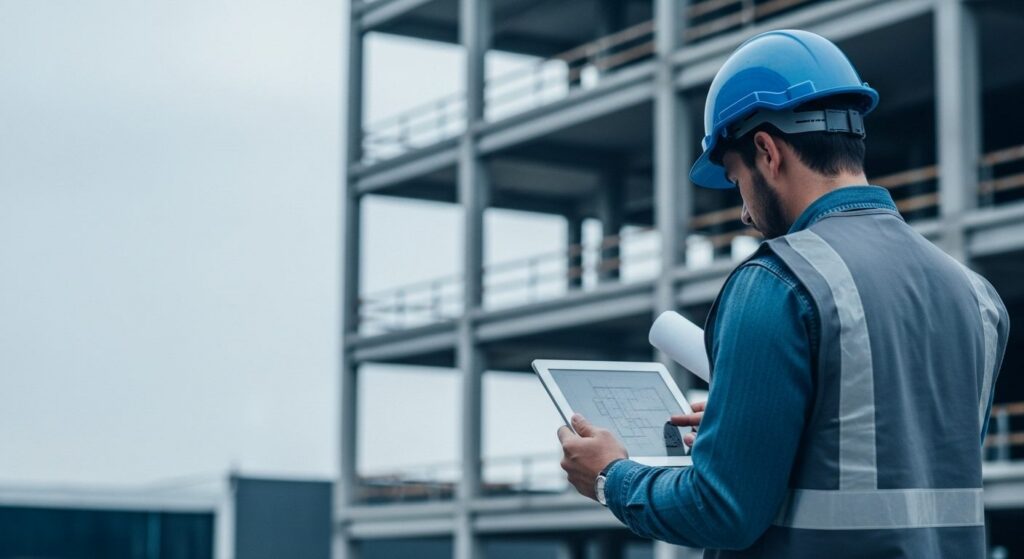 Tecnico della sicurezza con tablet in un cantiere con impalcature