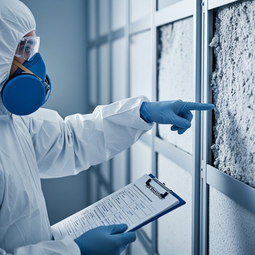 Tecnico con tuta protettiva e maschera che rileva la presenza di amianto